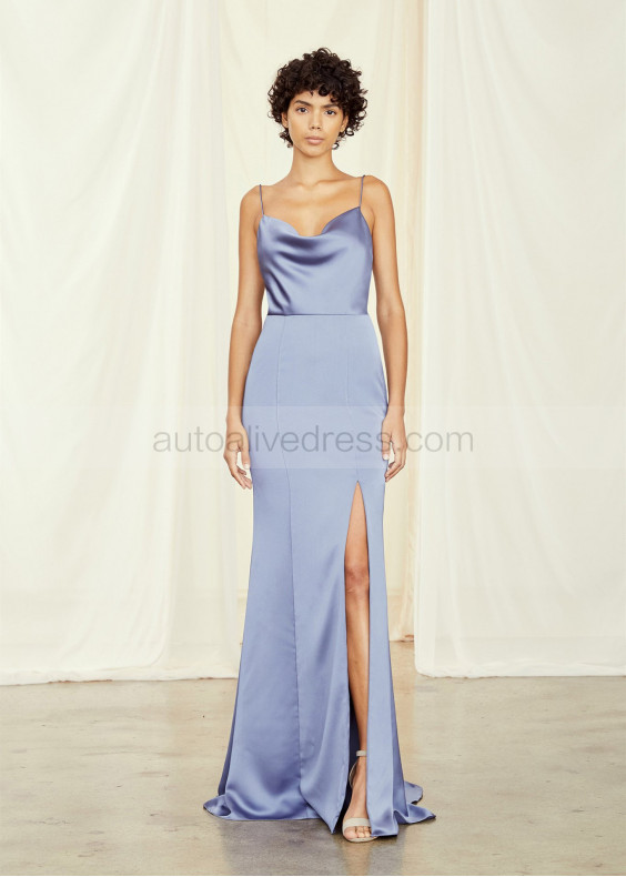 Drape Neck Lavender Satin Slit Bridesmaid Dress